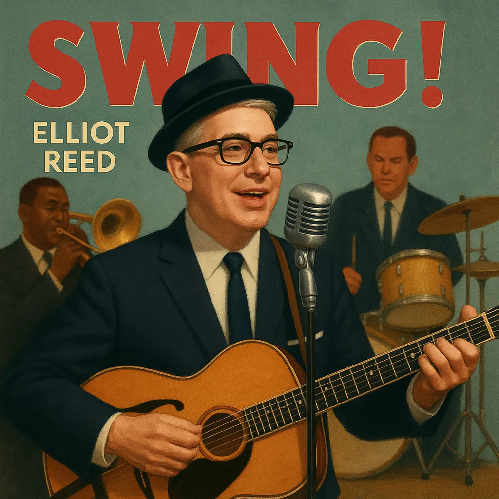 Elliot reed playing guitar and sing in classic 50's style, a drummer and a trombone player are playing in the background
